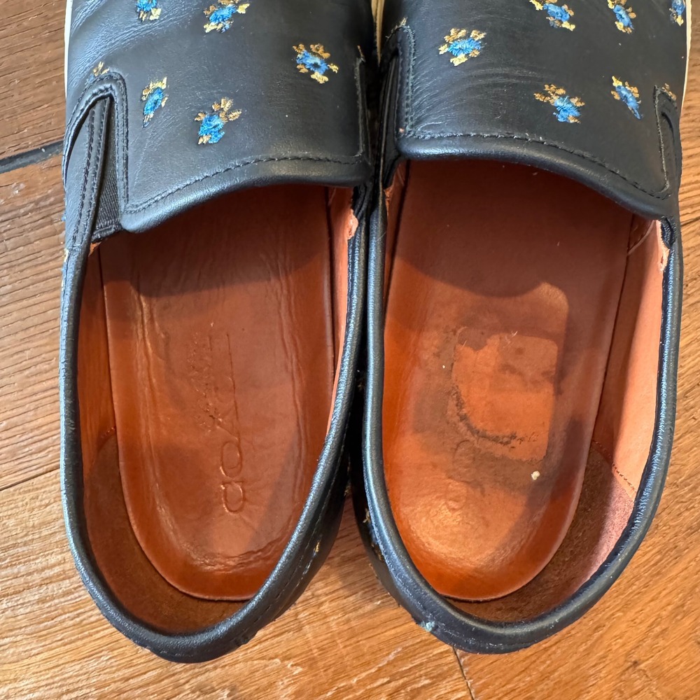 Coach Womens C1387 Black Leather Floral Embroidered Slip On Sneakers Size 10.5 - Picture 6 of 9
